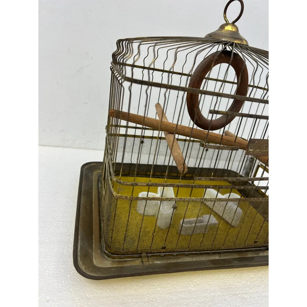 Hendryx Antique Brass Bird Cage Vintage Wire Pet w Porcelain Feeders Perch Gold